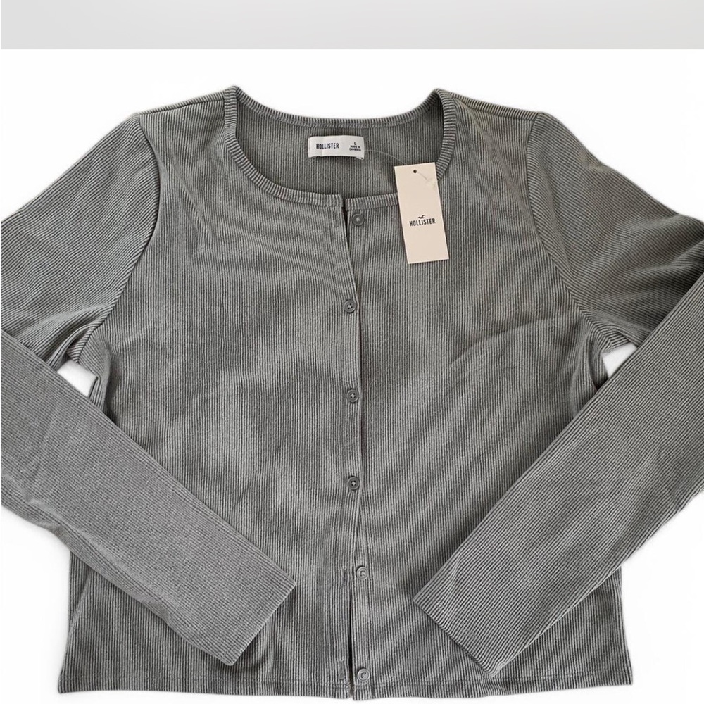 Hollister Gray Ribbed Button Down Long Sleeve Shirt/Cardigan